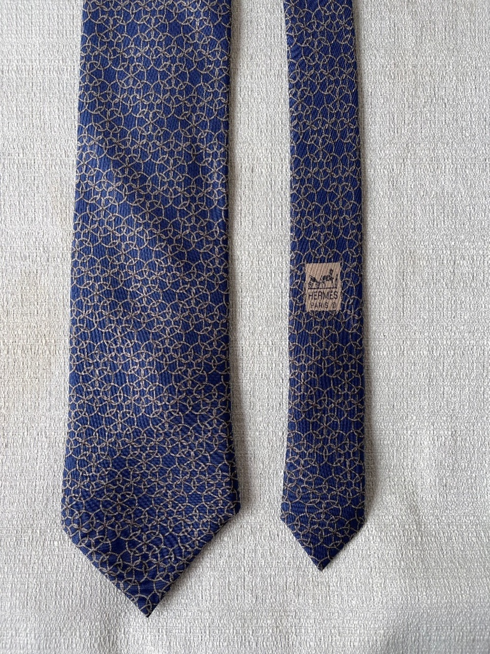 Hermes Navy Blue & Gold Geometric Silk Tie